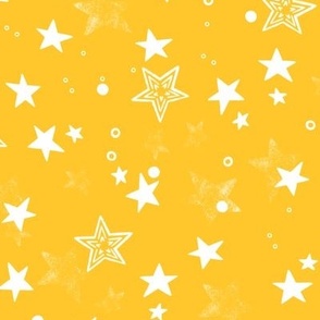 Celestial bodies, many white stars on a bright yellow background