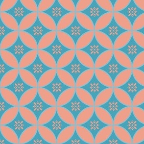 Egyptian geometric wallpainting inspired desing with circles and flowers in light terracotta and blue
