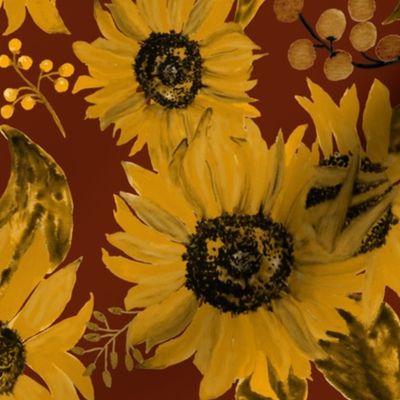 Sunflowers On Deep Red Medium