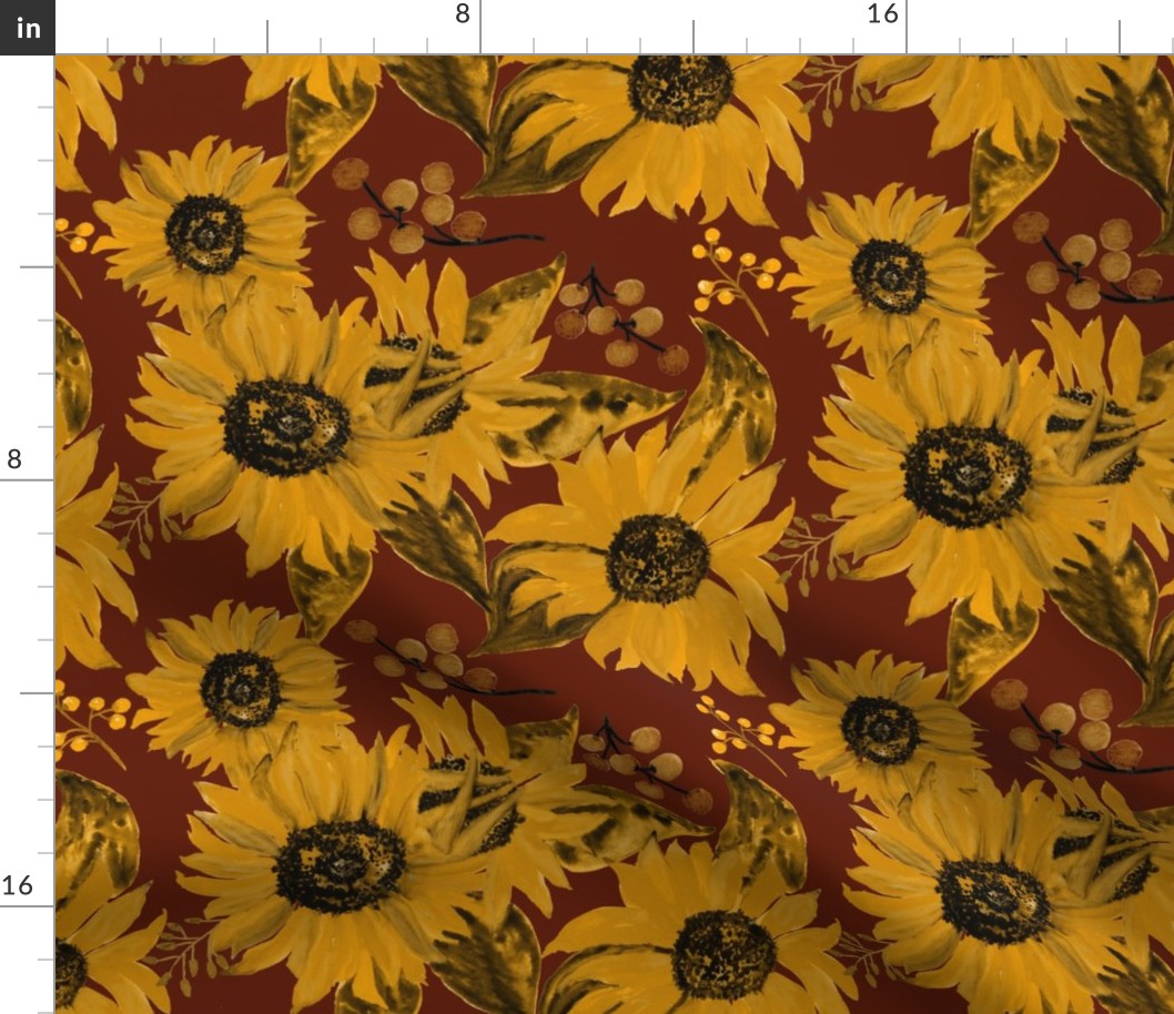 Sunflowers On Deep Red Medium