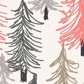 464 - Jumbo large scale pine tree forest in winter, in neutral taupe and greys with a pop of coral pink - for nursery wallpaper, bed linen, table cloths, curtains and wallpaper - non traditional Christmas decor