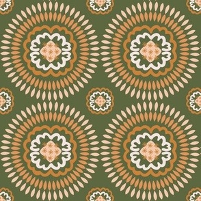 360 - medium scale Mandala in Olive Green, Cream and Golden Mustard - 100 pattern project: for holiday crafts, bag making, quilting and home decor