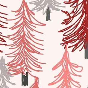 464 - Jumbo large scale pine tree woodland forest in the snow, in coral  Pink, neutral greys and burnt sienna for cabin wallpaper, duvet covers, curtains, table cloths, holiday crafts, bag making, quilting and home decor