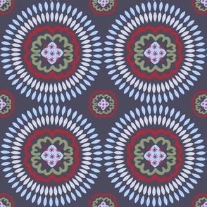 360 - Medium scale Mandala in Red, Blue and Steel Grey - 100 pattern project: for holiday crafts, bag making, quilting and home decor