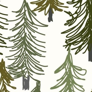 464 - Large/jumbo scale pine tree forest woodland in winter, in dark green and olive green on neutral soft white background, for home decor, wallpaper, table cloths, festive decor, Christmas crats and cabin core projects