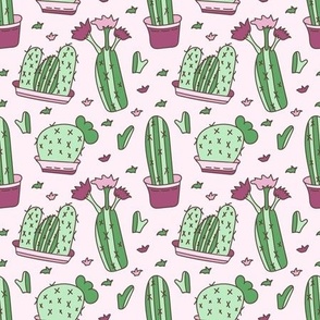 Hand drawn blooming cacti with pink flowers