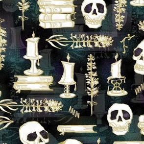 Ode To Alchemy Skulls -- Gold Skulls, Skeletons, Books -- Dark Academia -- 24.00in x 24.00in repeat -- 150dpi ( Full Scale)