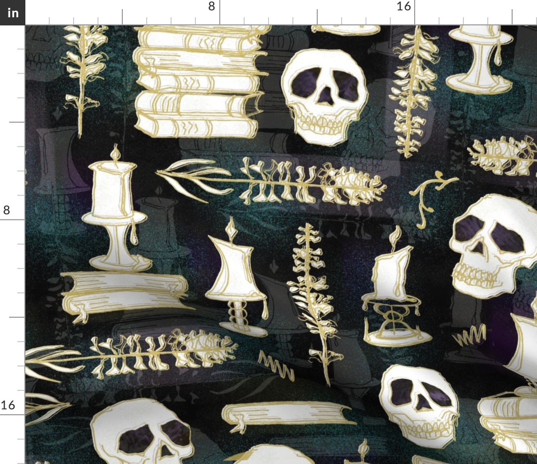 Ode To Alchemy Skulls -- Gold Skulls, Skeletons, Books -- Dark Academia -- 24.00in x 24.00in repeat -- 150dpi ( Full Scale)