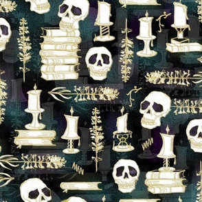 Ode To Alchemy -- Gold Skulls, Skeletons, Books -- 200dpi (75% of Full Scale)