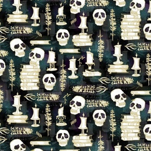 Ode To Alchemy -- Gold Skulls, Skeletons, Books -- 300dpi (50% of Full Scale)