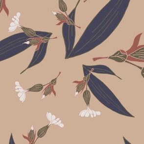 Meadow flower in white, olive green, blue and mahogany on taupe brown