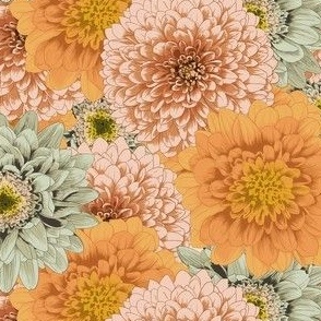 Chrysanthemums Party - Orange, Pale & Green