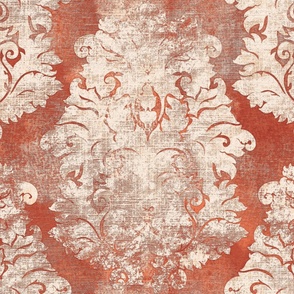Antique Damask Coral Red Ivory linen texture