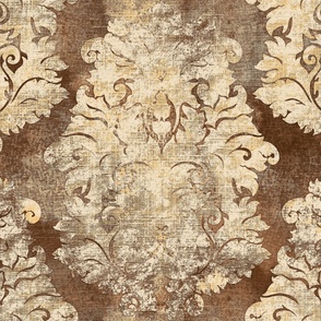 Antique Damask Coffee Brown Ivory Yellow linen texture