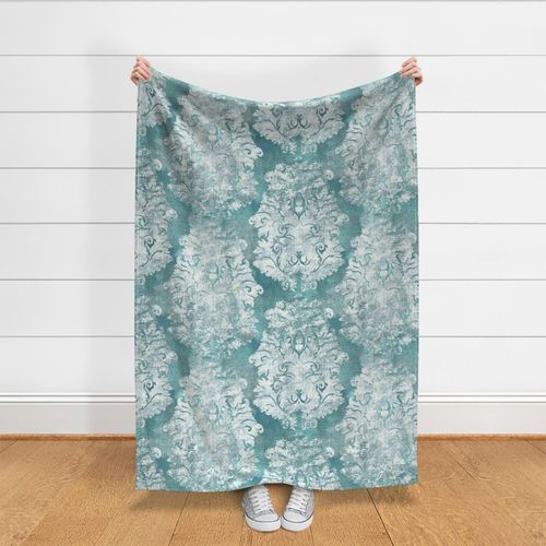 Antique Damask Turquoise Blue Ivory 