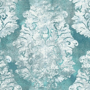 Antique Damask Turquoise Blue Ivory 