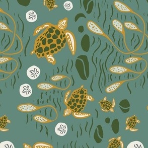 Sea Turtles Gold and Green - Rotated - "Twilight Turtles" design