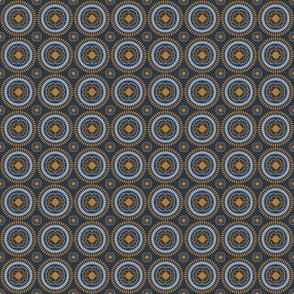 Small scale Mandala in toffee caramel, navy blue, steel grey and golden yellow mustard for wallpaper, bed linen, duvet covers and home decor