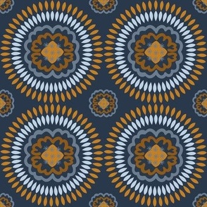 360 $ - medium scale Mandala in toffee caramel, navy blue, steel grey and golden yellow mustard for wallpaper, bed linen, duvet covers and home decor