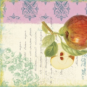 Spoonflower challenge vintage recipe wall hanging vintage fruit apple lavendar blue Tea Towel Terri_Conrad_Designs