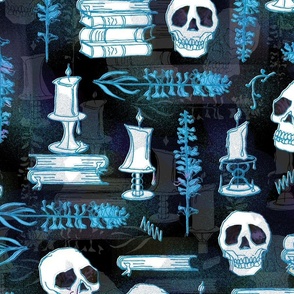 Ode To Alchemy -- Aqua Blue Skulls, Skeletons, Books -- 150dpi (Full Scale)
