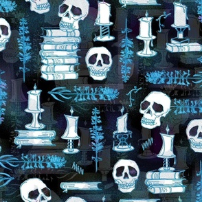 Ode To Alchemy -- Aqua Blue Skulls, Skeletons, Books -- 200dpi (75% of Full Scale)