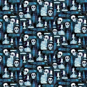 Ode To Alchemy -- Aqua Blue Skulls, Skeletons, Books -- 514dpi (29% of Full Scale)