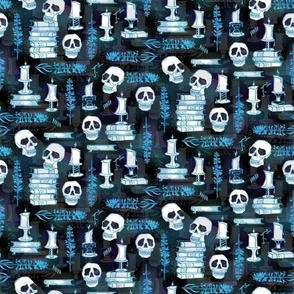 Ode To Alchemy -- Aqua Blue Skulls, Skeletons, Books -- 400dpi (38% of Full Scale)