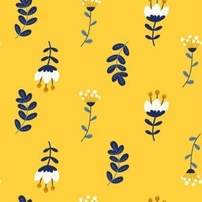 White and Blue Flowers on Honey Yellow Background