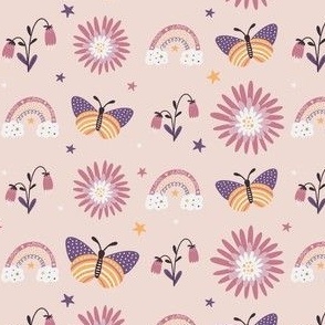 Pink Flowers, Butterflies, and Rainbows