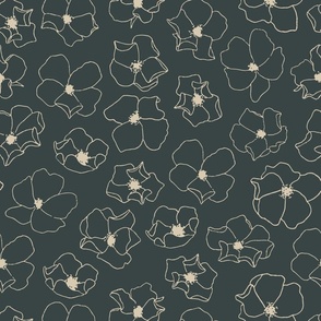 Scattered Minimalist Floral Line Art | Small Scale | Deep Green, Cream | hand drawn multidirectional flowers