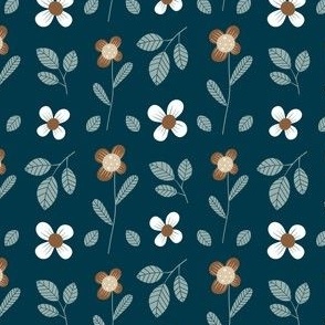 Brown and White Flowers on Navy Blue