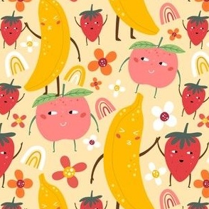 Happy Bananas, Apples, and Strawberries with Faces