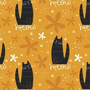 Vintage Orange and Brown Cat Pattern with Meow