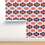 Atomic ogee ovals navy blue coral Wallpaper