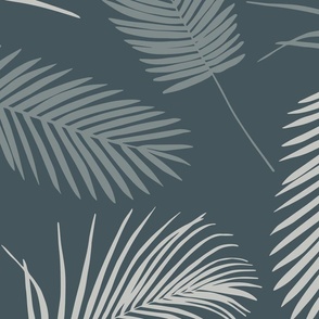 Tropical Palm Tree Leaves | Large Scale | Teal Blue, Blue Grey, Light Cream
