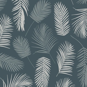 Tropical Palm Tree Leaves | Medium Scale | Teal Blue, Blue Grey, Light Cream