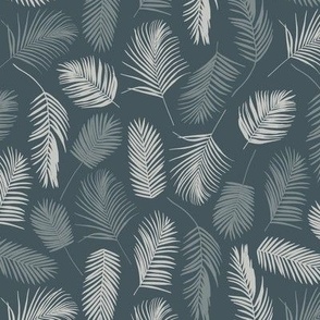 Tropical Palm Tree Leaves | Small Scale | Teal Blue, Blue Grey, Light Cream