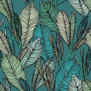 Large Scale Leaf Palm Blue Green Design