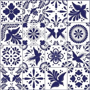 Mexican Talavera Tiles in Navy color with Flowers and Birds by Akbaly