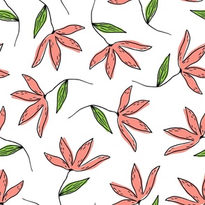 Tossed Hand Drawn Flowers - Pink & Green, Large
