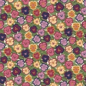 358 $ - Small scale garden  bed  of sweet multicolor pansies in mustards, mauves, purples, green and navy blue - for pretty velvet pillows, curtains, sheets and table linen - home decor, and kids apparel