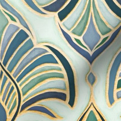 Art Deco Enamel Fans in Blues and Greens on Palest Jade - custom colorway