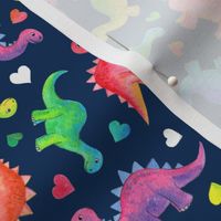 Bright Colorful Hand Painted Gouache Dinos and Hearts on Blue - small