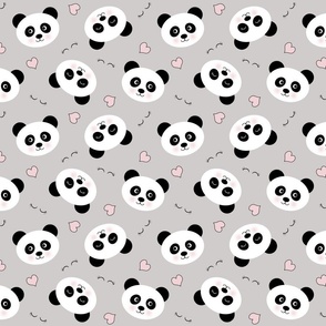 Cute baby panda faces on soft grey