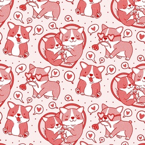 Corgi Love and Hearts with Zigzag Look Texture Background