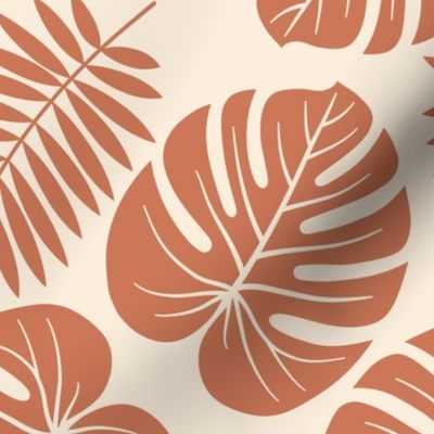 Monstera leaves Terracotta cream Wallpaper