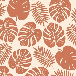 Monstera leaves Terracotta cream Wallpaper