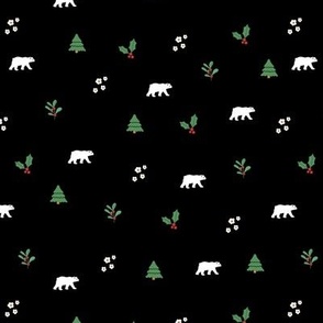 Seasonal christmas trees mistletoe and polar bears winter design for kids green red white on black neutral