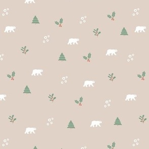 Seasonal christmas trees mistletoe and polar bears winter design for kids sage green white on beige sand